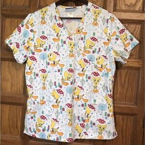 Looney Tunes Scrub Women's M Tweety Bird I'm in Season Christmas SS 3 Pocket Top